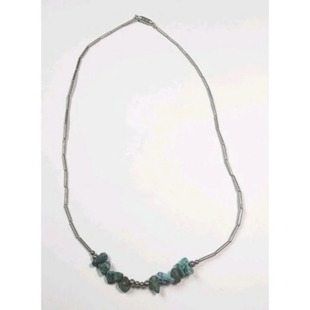Vintage Native American Indian Liquid silver w/10 turquoise stones‎ necklace 17
